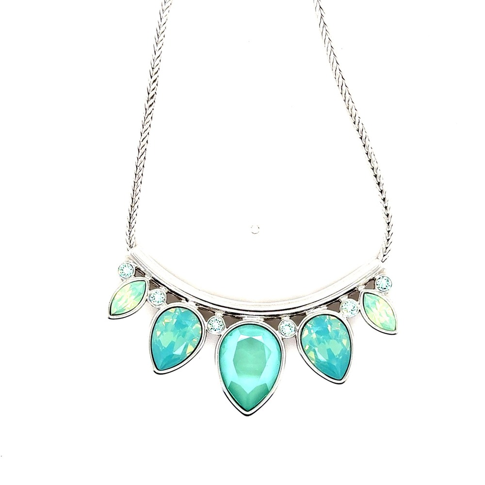 Touchstone Crystal Swarovski Mint Aqua Teardrop Bib Necklace Silver Tone 16-19in